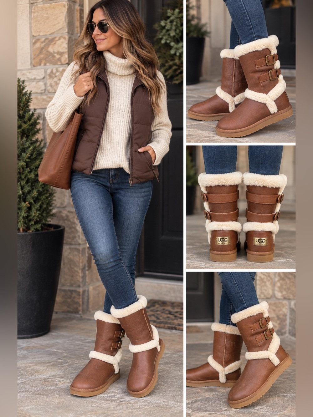 Ugg Brown Leather & Sherpa Boots Women's Sz 8